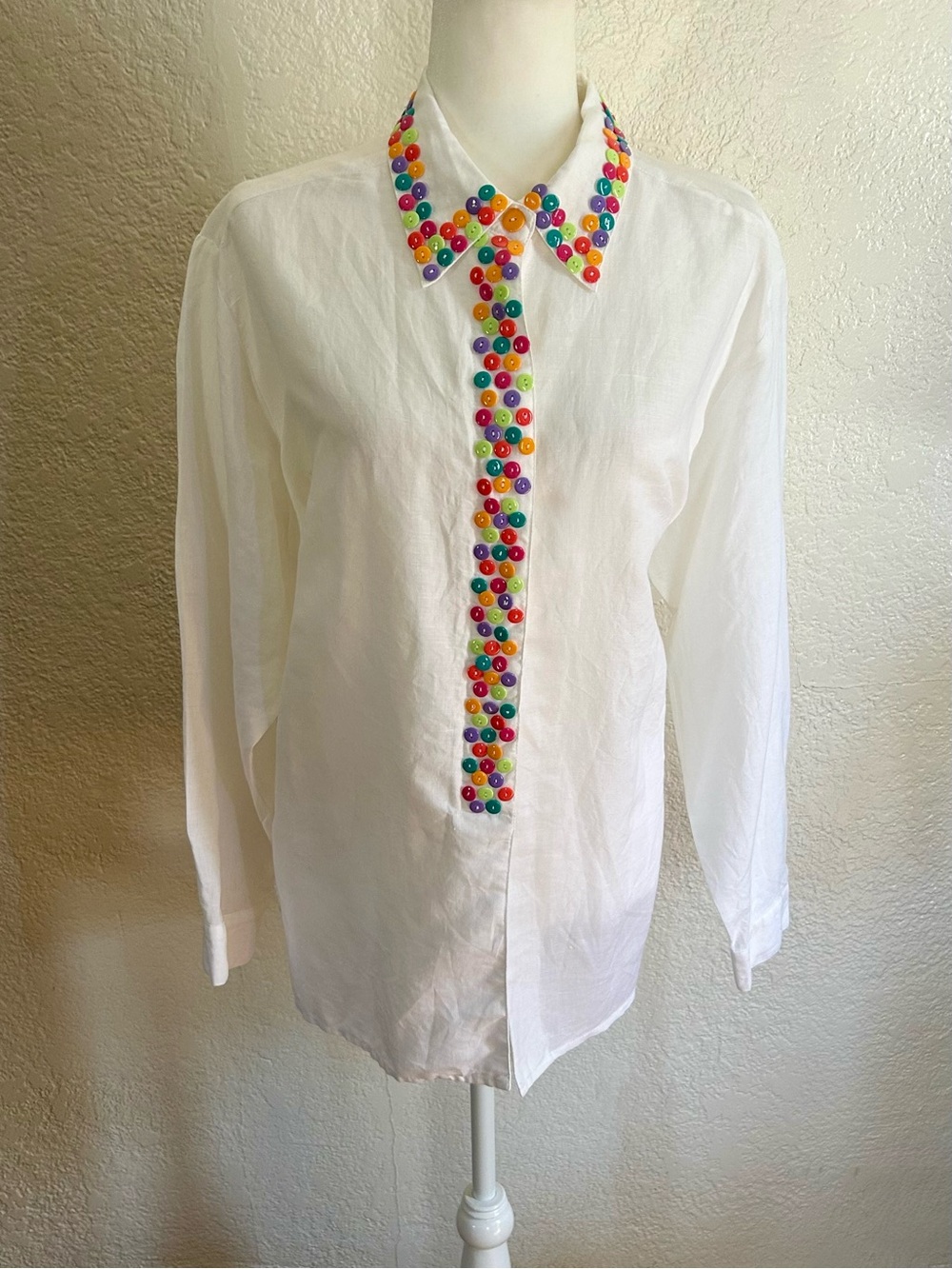 Diane Gilman White Button-Up Shirt with Multicolor Bead Trim